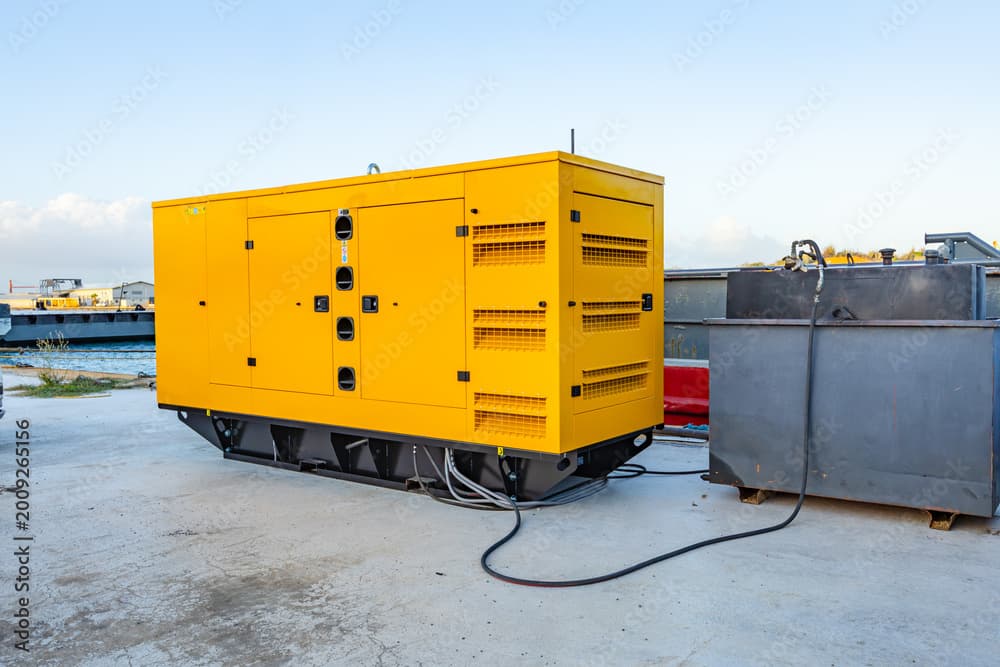 An industrial diesel generator in a yellow soundproof enclosure on a concrete pad