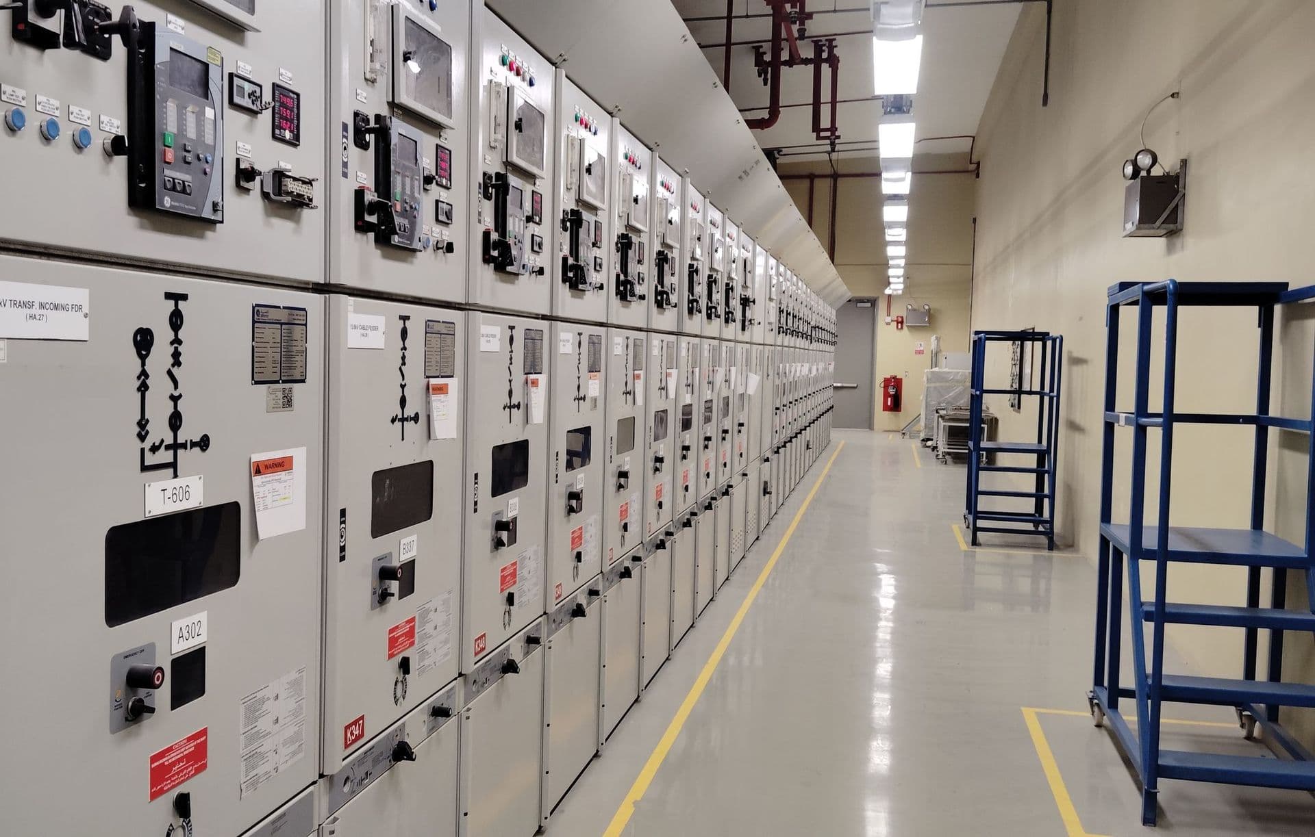 Medium-voltage switchgear cubicles in an electrical room