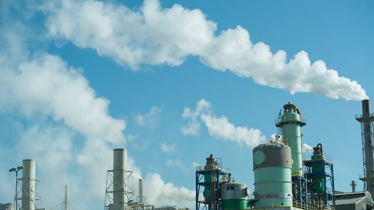 Tanks and steam outlets of a process plant under a blue sky