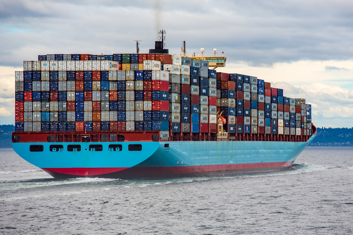 Loaded container ship underway on open water